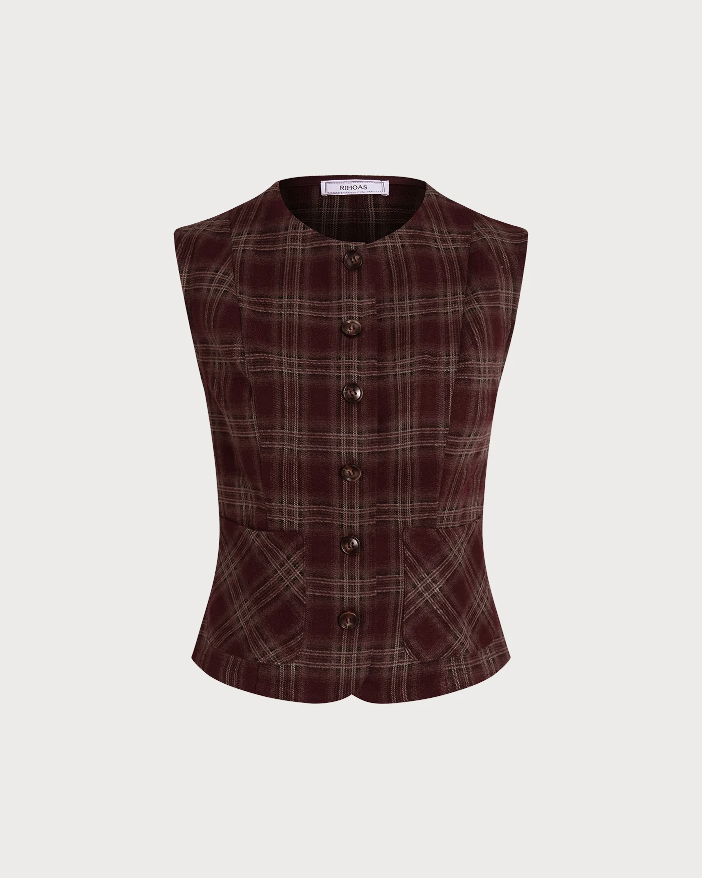 Wine Red Plaid Single Breasted Vest - Image 8