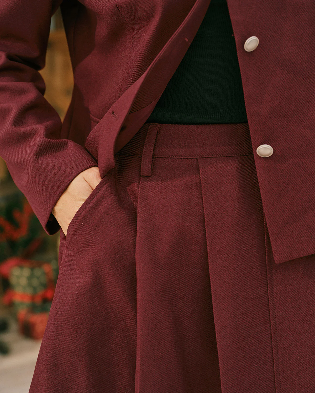 Wine Red Pleated A-Line Mini Skirt - Image 2