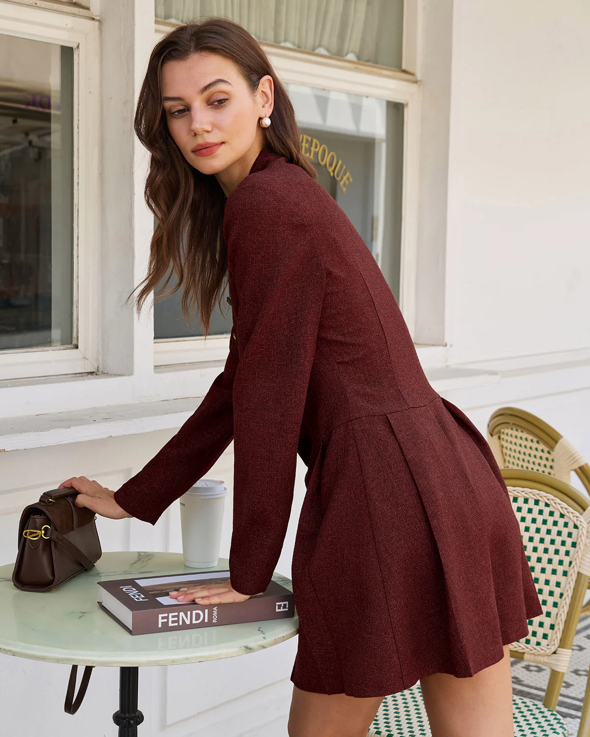 Wine Red Pleated Button Mini Dress - Image 2