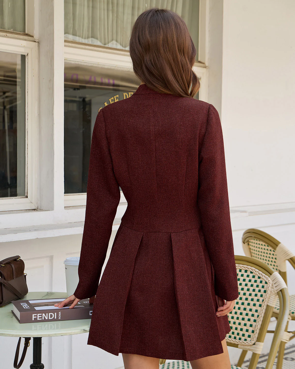 Wine Red Pleated Button Mini Dress - Image 3