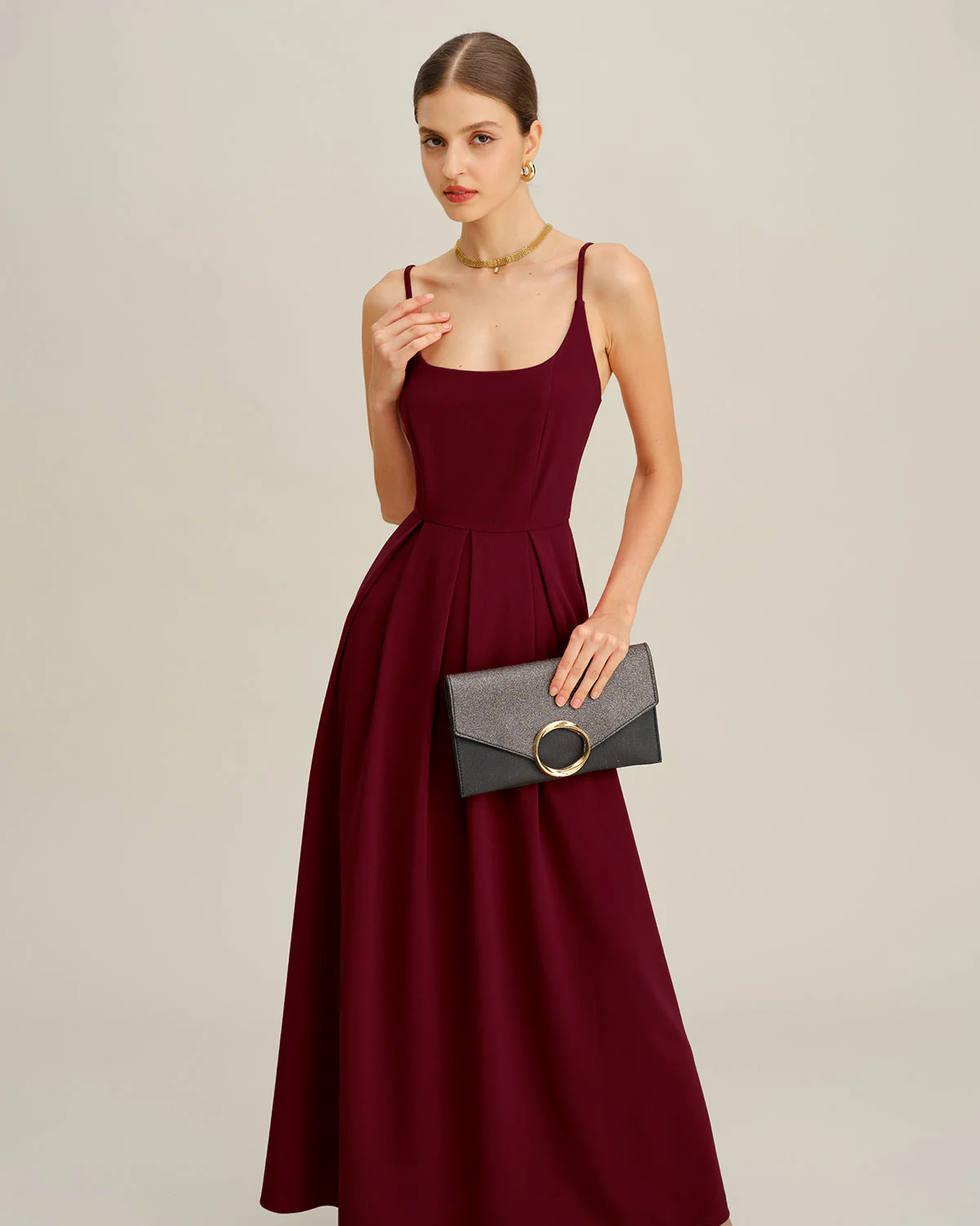 Wine Red Pleated Slip Maxi Dress - Image 3
