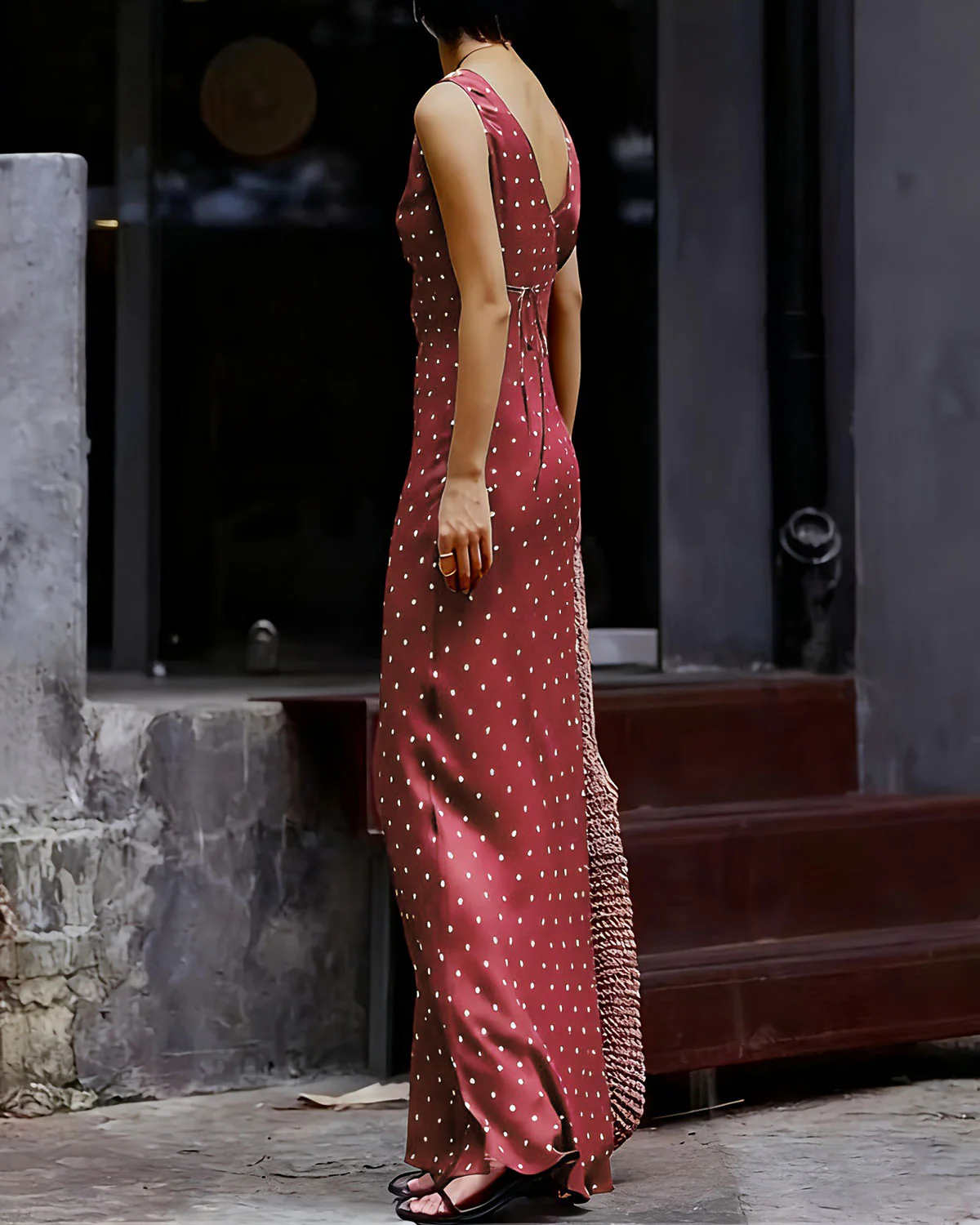 Wine Red Polka Dot Sleeveless Maxi Dress - Image 6