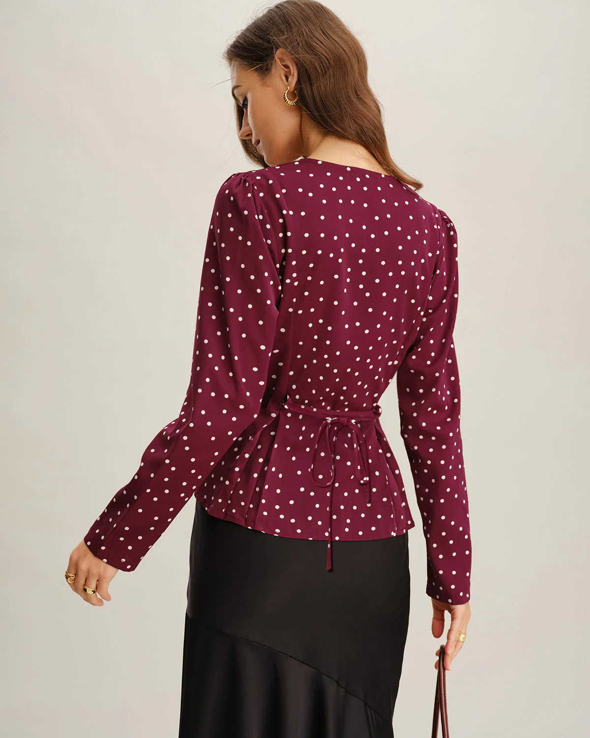 Wine Red Polka Dot V Neck Blouse - Image 3
