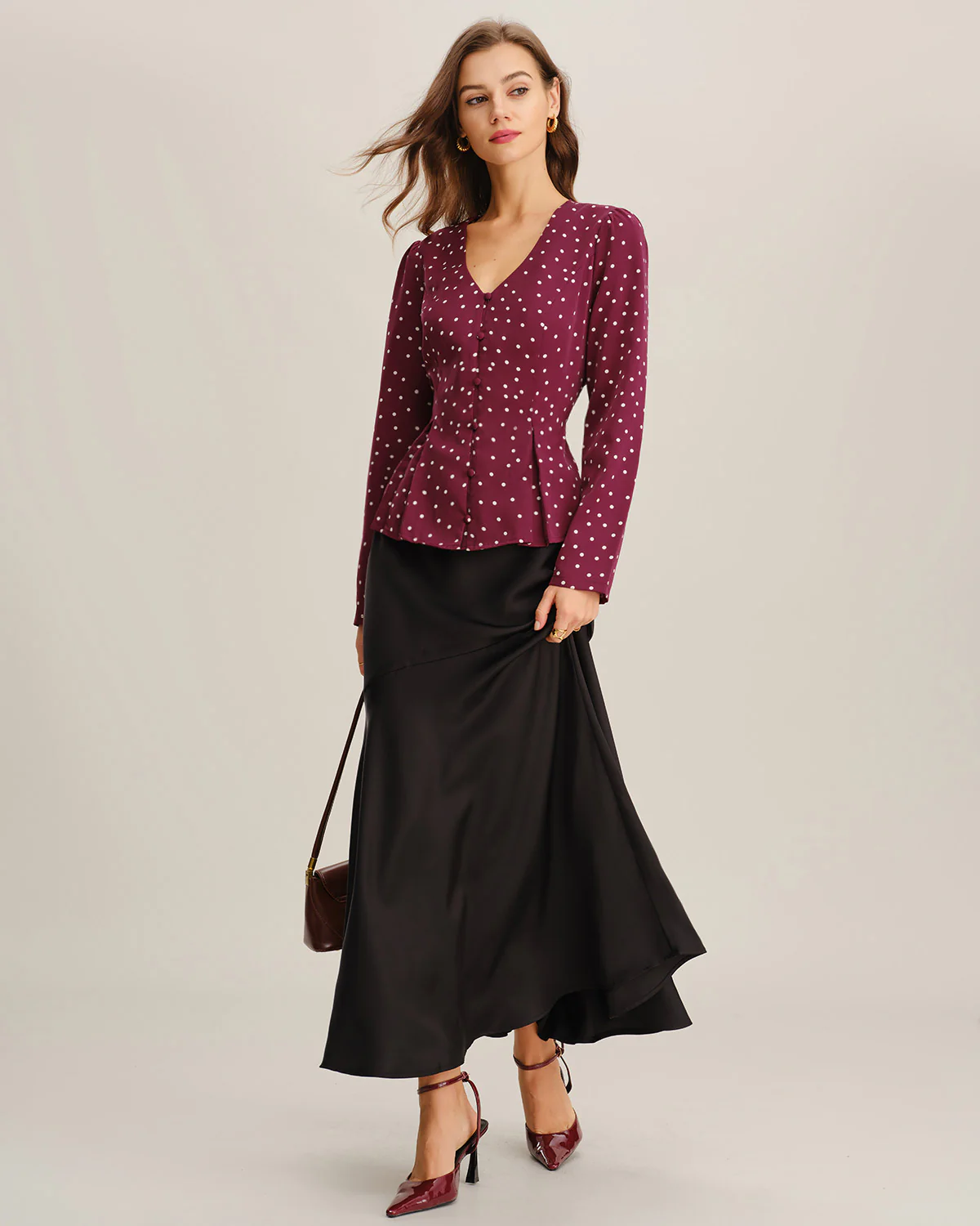 Wine Red Polka Dot V Neck Blouse - Image 4