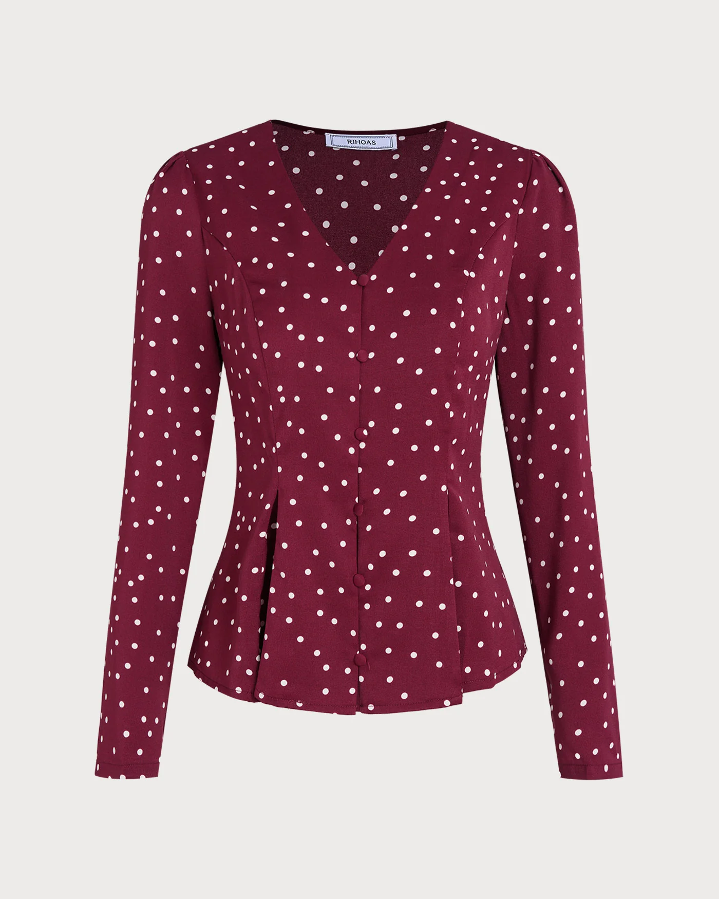 Wine Red Polka Dot V Neck Blouse - Image 5