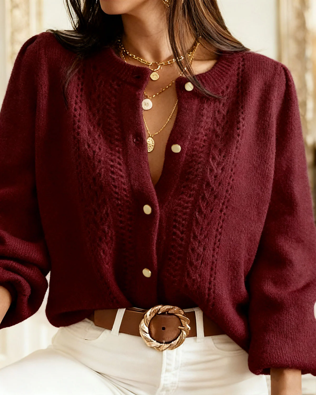 Wine Red Round Neck Casual Knit Cardigan - Image 2