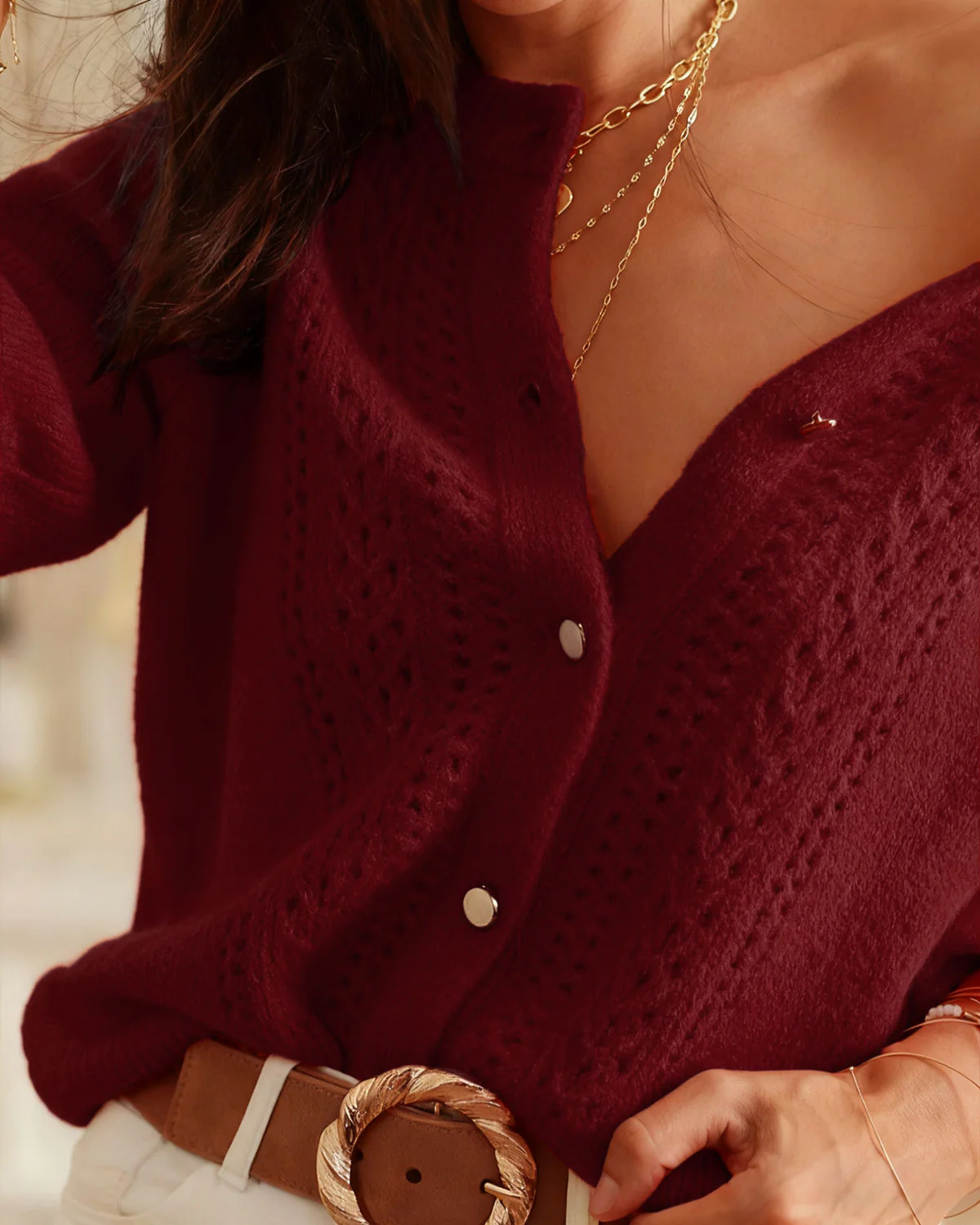 Wine Red Round Neck Casual Knit Cardigan - Image 3