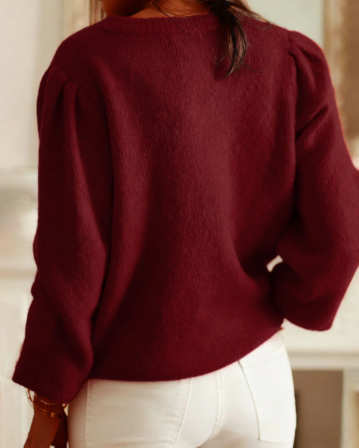 Wine Red Round Neck Casual Knit Cardigan - Image 4