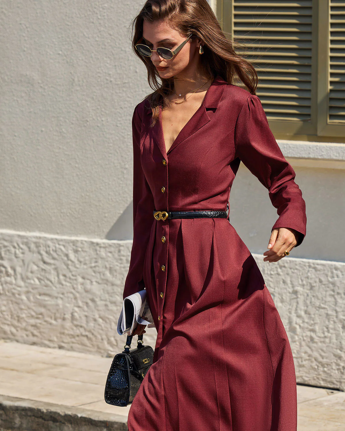 Wine Red Ruched A-Line Midi Dress - Image 4