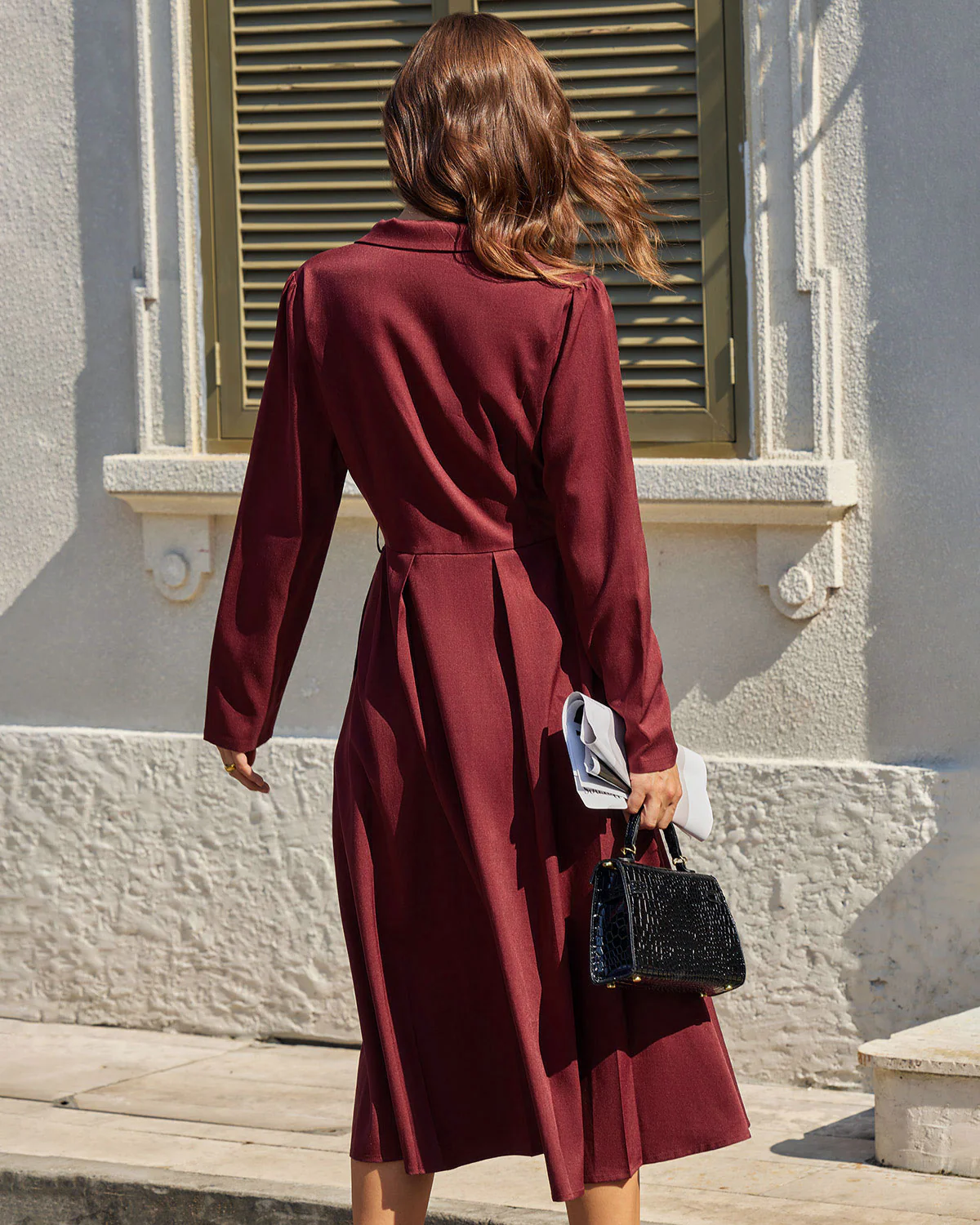 Wine Red Ruched A-Line Midi Dress - Image 6