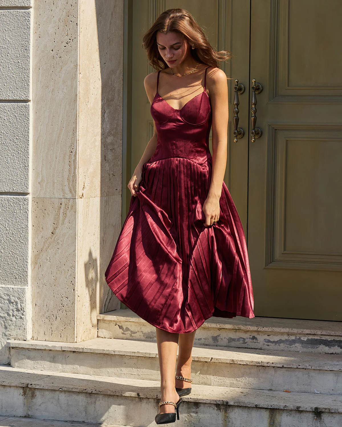 Wine Red Ruched A-Line Slip Midi Dress - Image 3