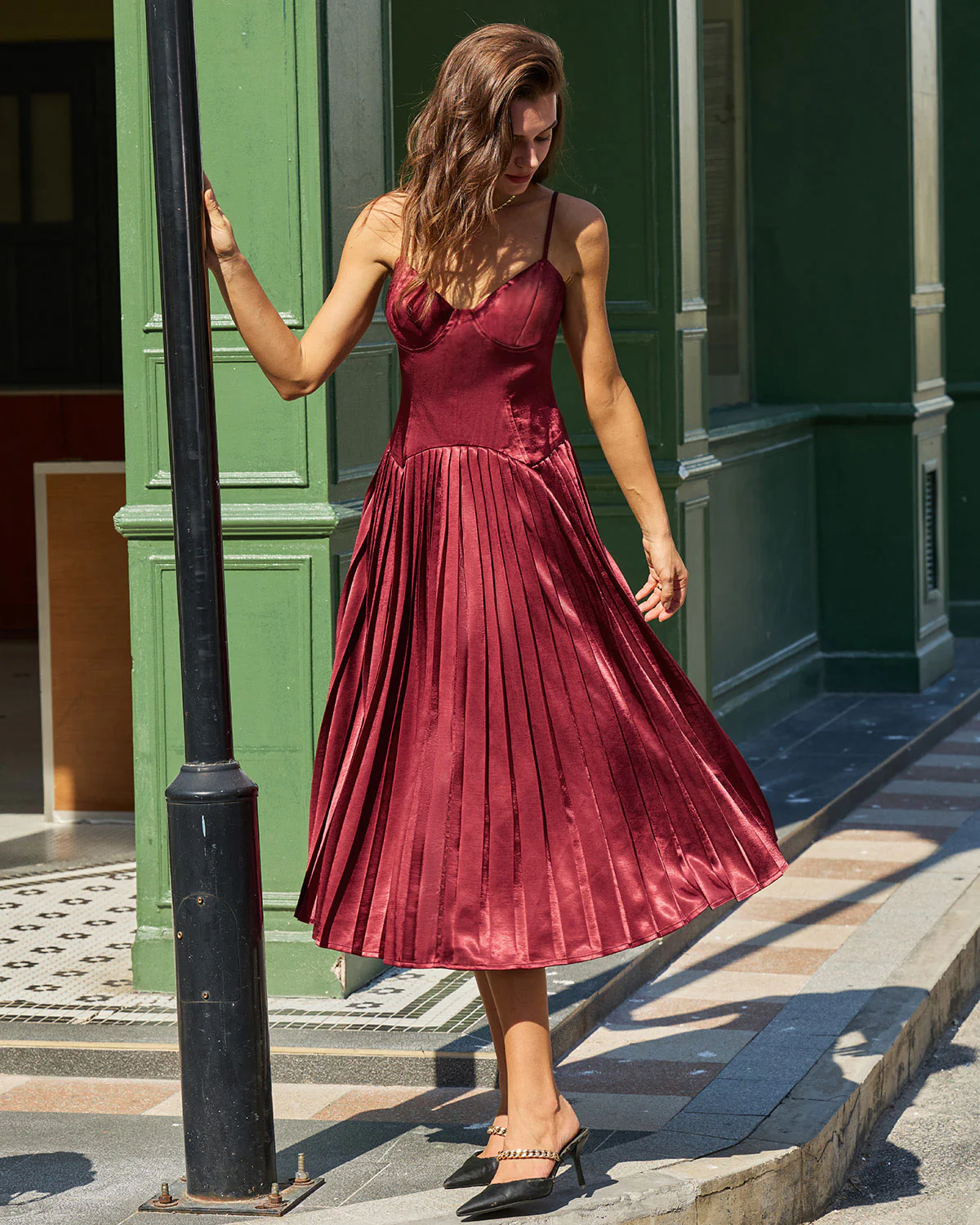 Wine Red Ruched A-Line Slip Midi Dress - Image 4