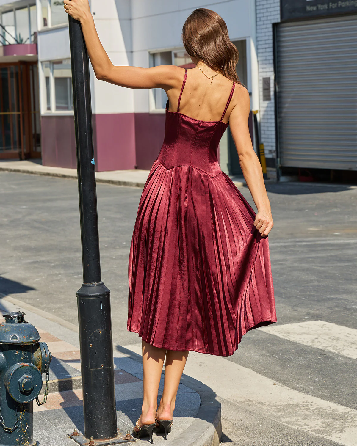 Wine Red Ruched A-Line Slip Midi Dress - Image 5