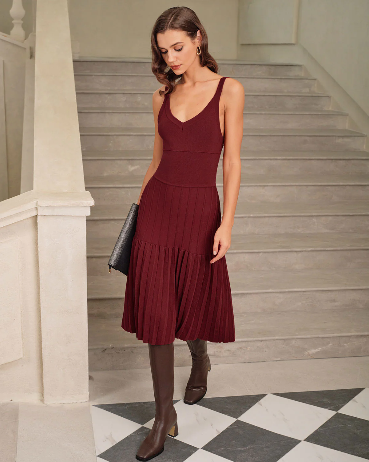Wine Red Ruched A-Line Sweater Dress - Image 3