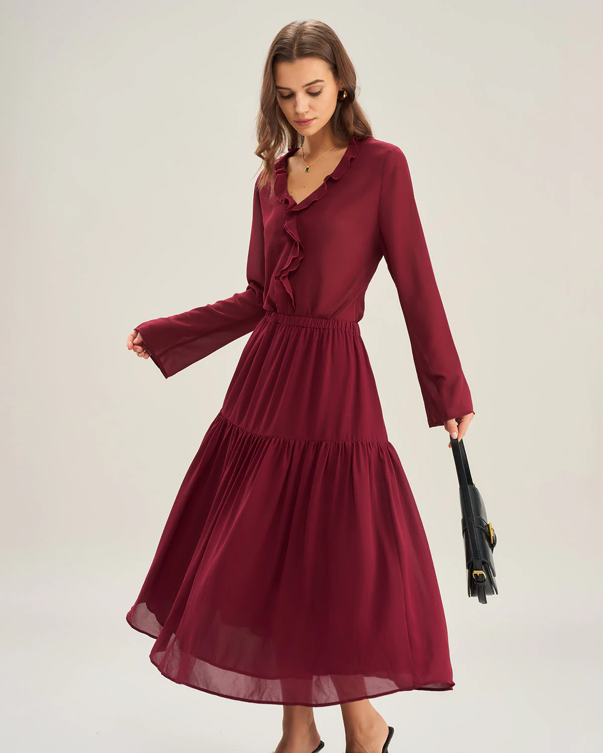 Wine Red Ruffle Chiffon Shirt - Image 3