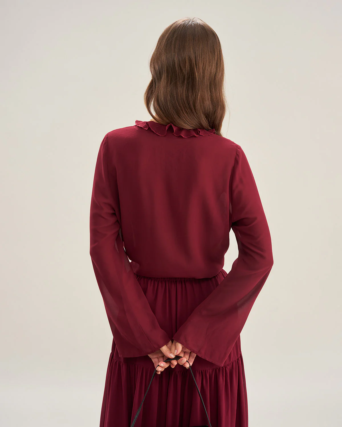 Wine Red Ruffle Chiffon Shirt - Image 4