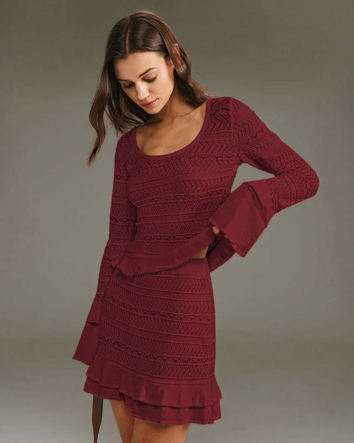 Wine Red Ruffle Knit Mini Skirt - Image 3