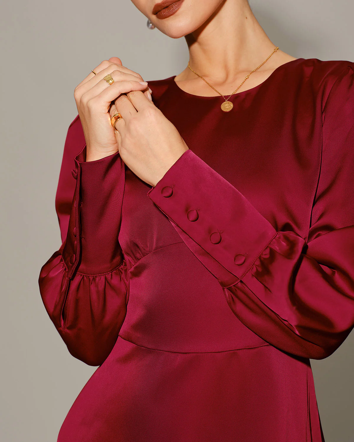 Wine Red Satin A-Line Midi Dress - Image 2