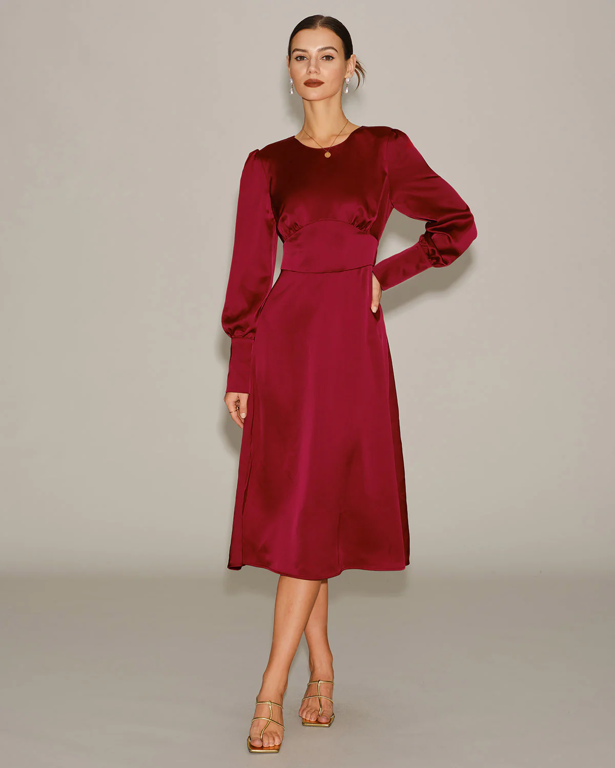 Wine Red Satin A-Line Midi Dress - Image 3