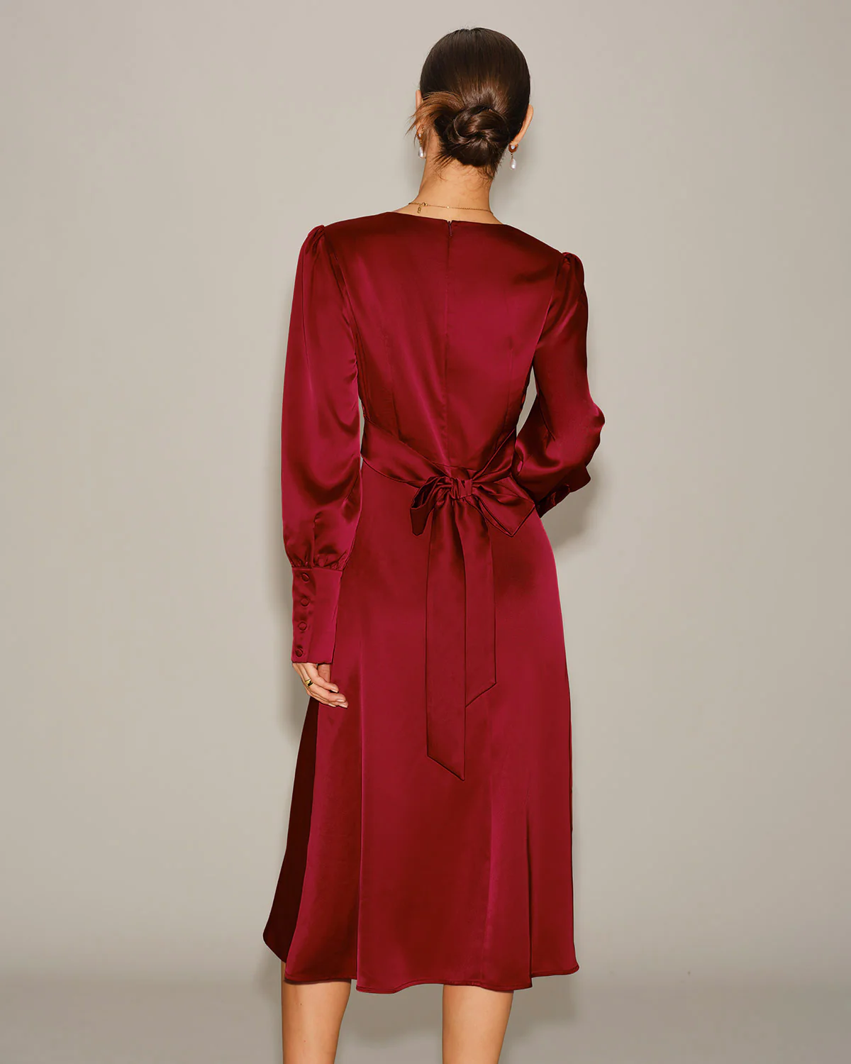 Wine Red Satin A-Line Midi Dress - Image 4