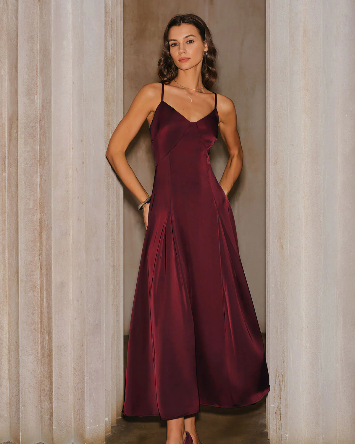 Wine Red Satin A-Line Slip Maxi Dress - Image 3
