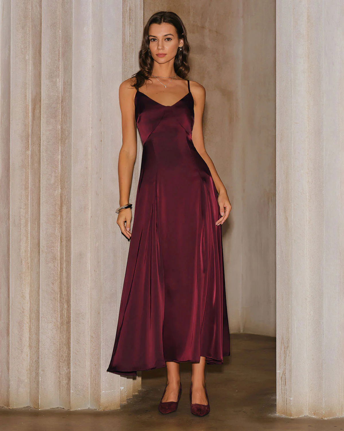 Wine Red Satin A-Line Slip Maxi Dress - Image 4