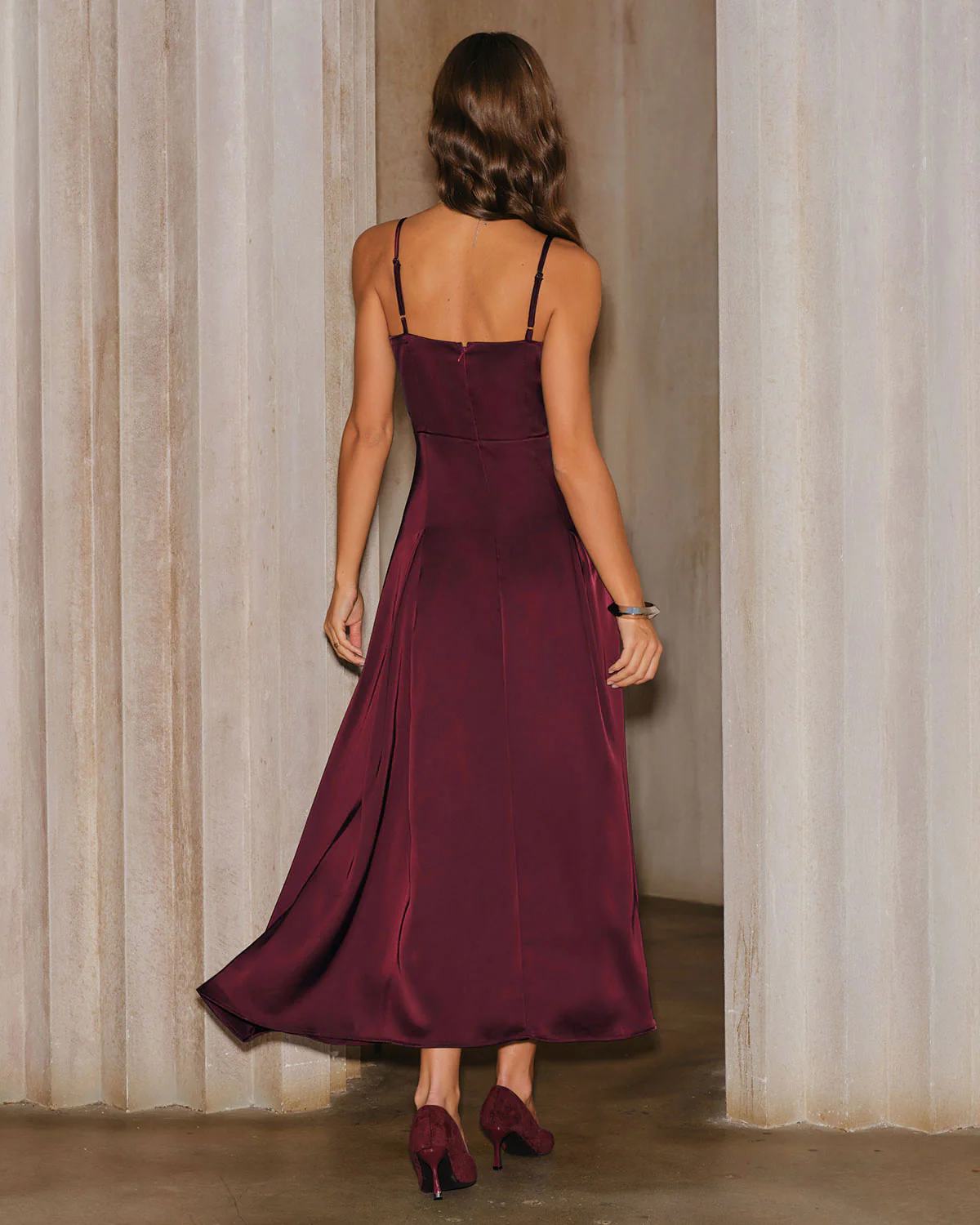 Wine Red Satin A-Line Slip Maxi Dress - Image 5