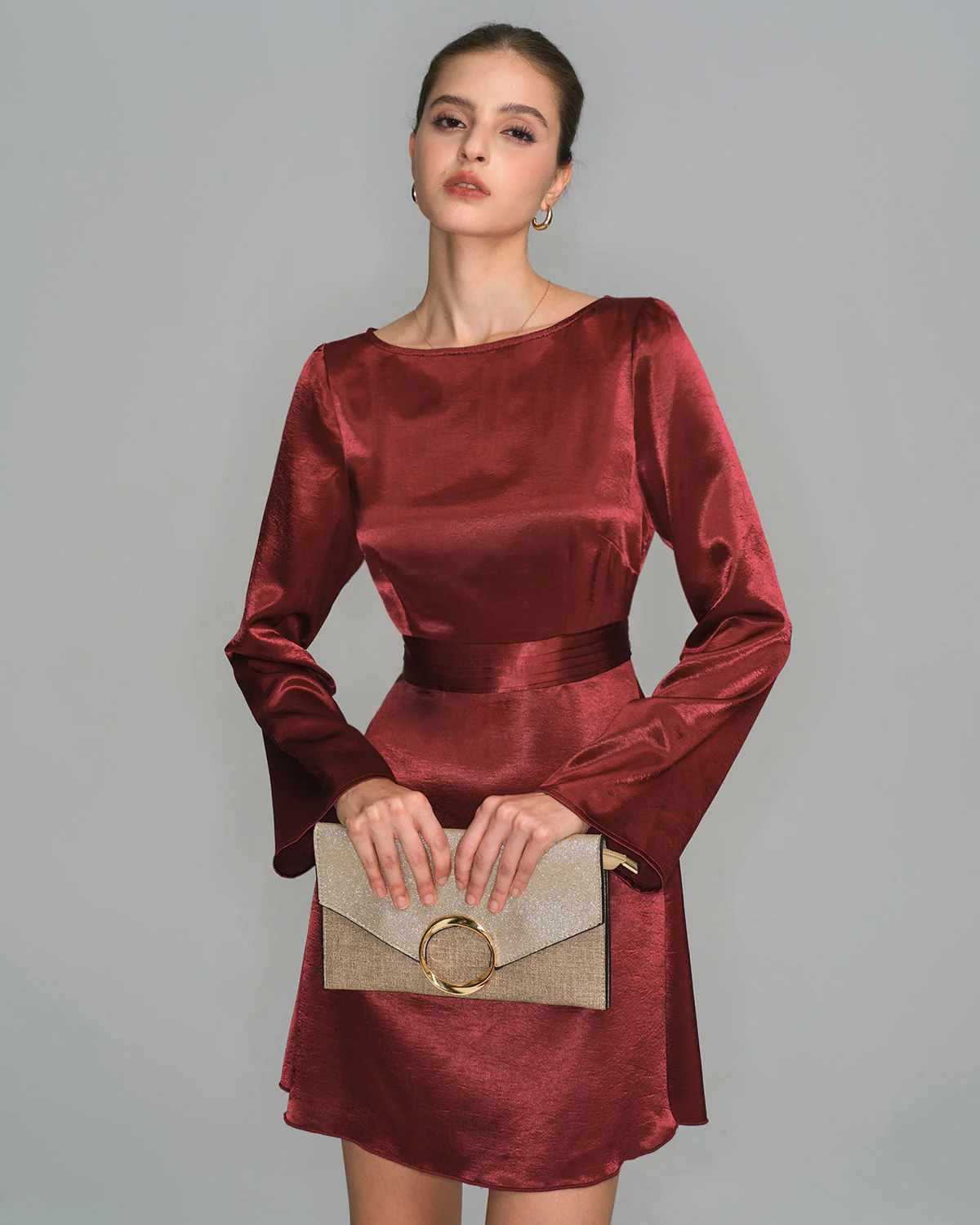 Wine Red Satin Bell Sleeve Mini Dress - Image 2