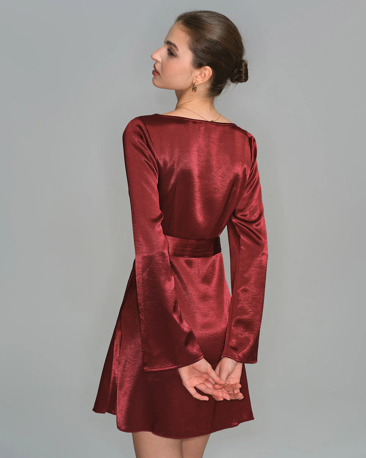Wine Red Satin Bell Sleeve Mini Dress - Image 3