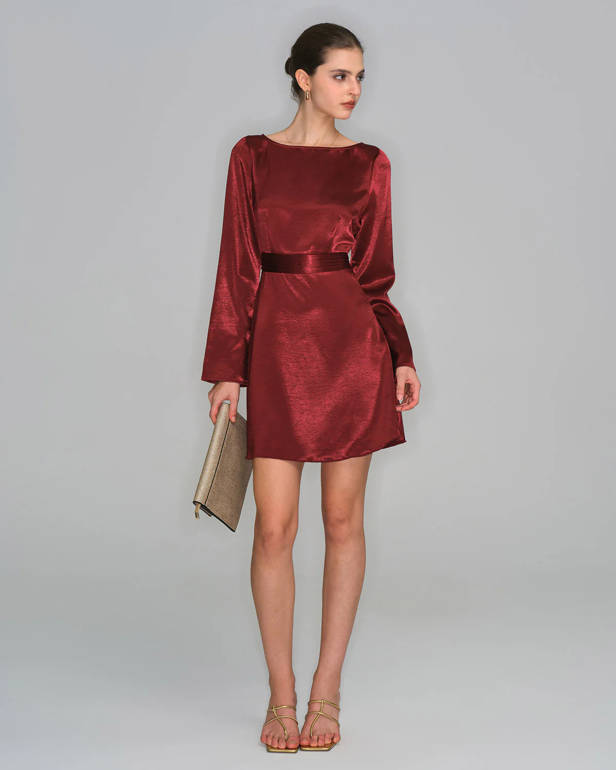 Wine Red Satin Bell Sleeve Mini Dress - Image 4