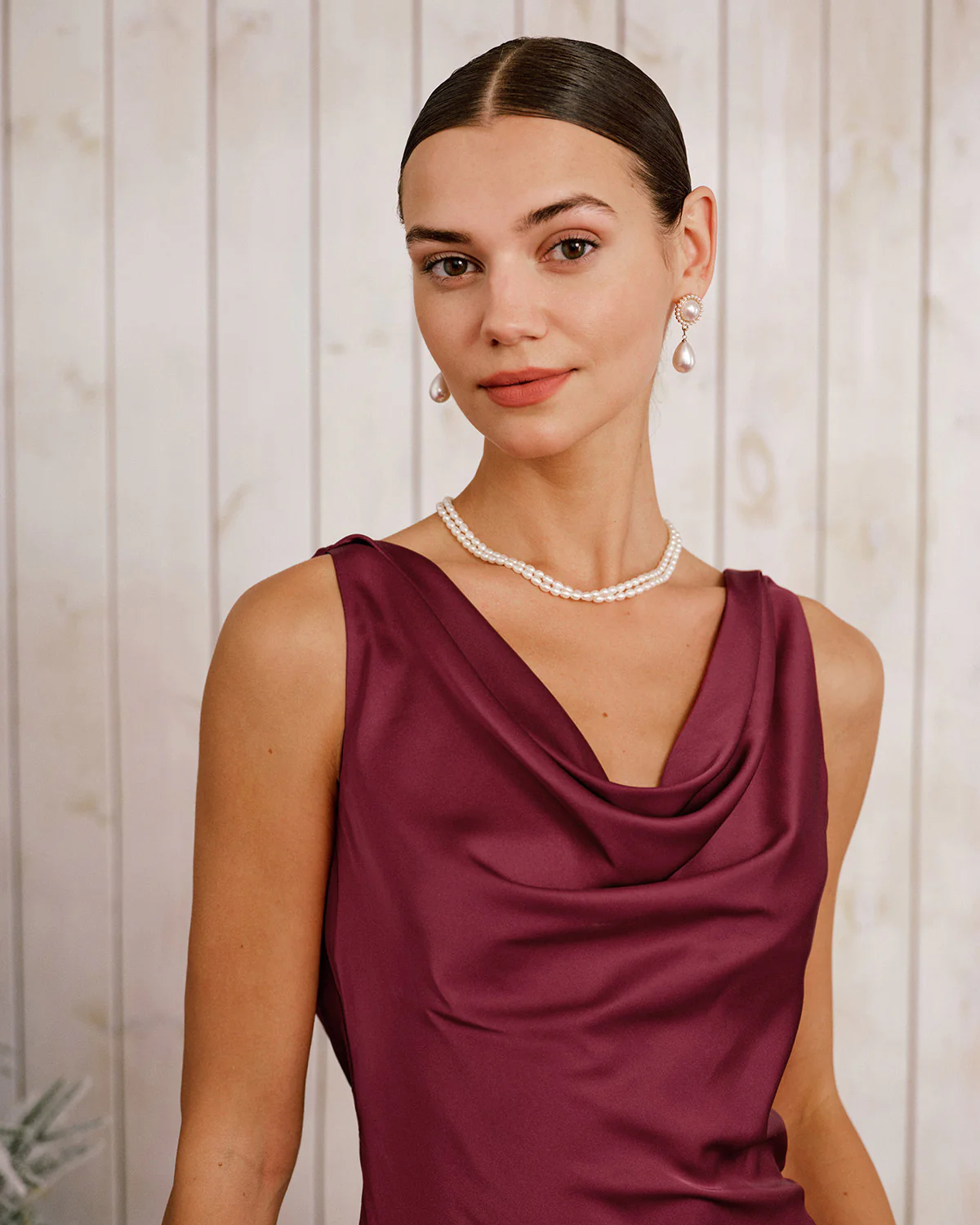 Wine Red Satin Cowl Neck Mini Dress - Image 2