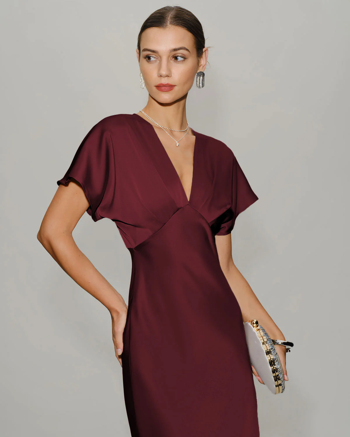 Wine Red Satin Cowl Sleeve Midi Dress - Image 2