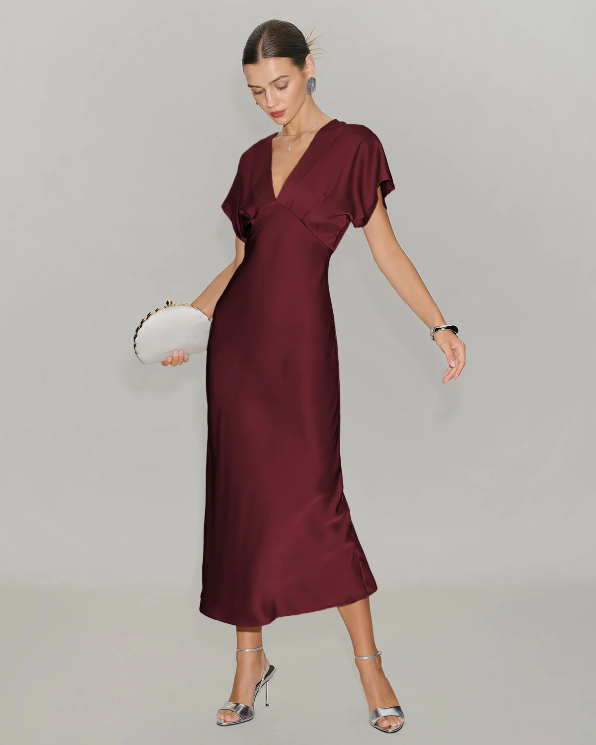 Wine Red Satin Cowl Sleeve Midi Dress - Image 3