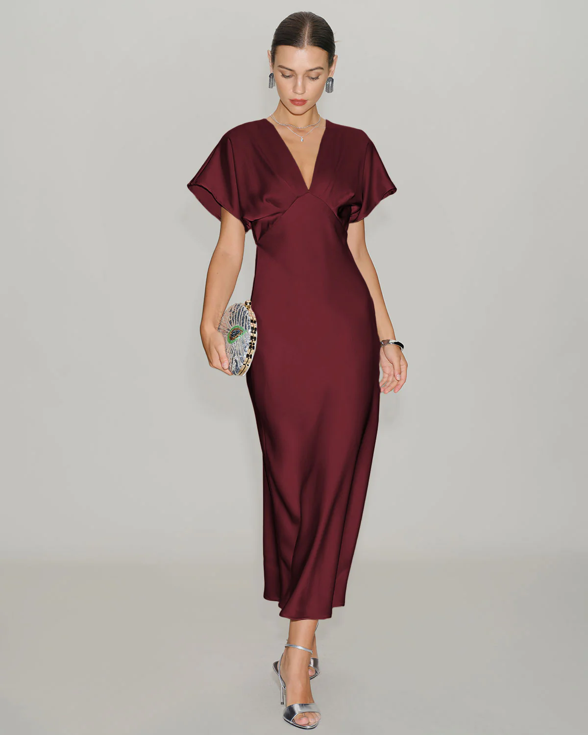 Wine Red Satin Cowl Sleeve Midi Dress - Image 4