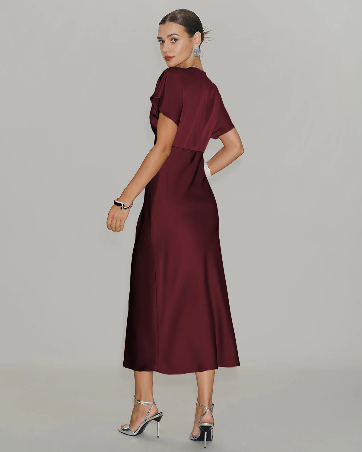 Wine Red Satin Cowl Sleeve Midi Dress - Image 5