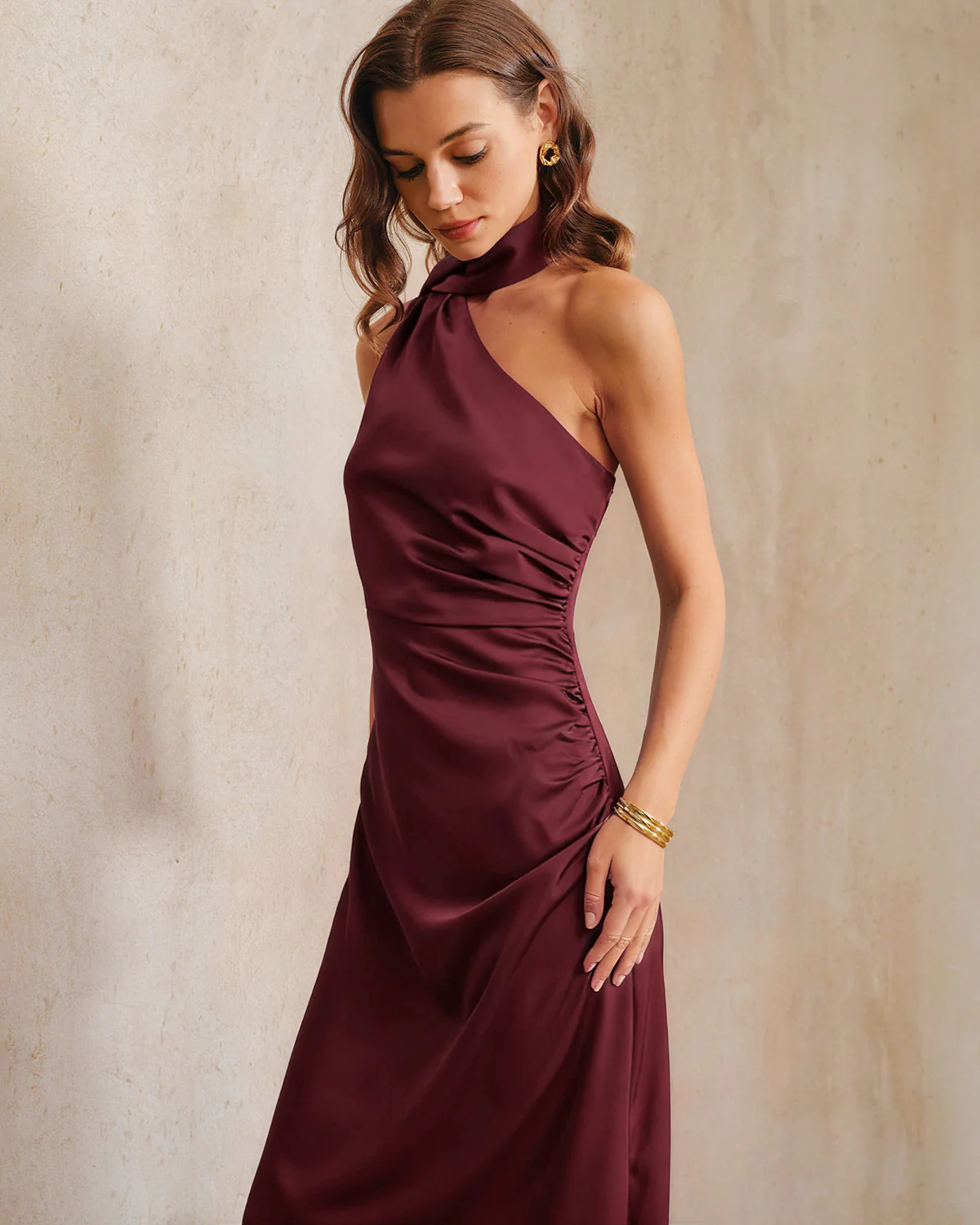 Wine Red Satin One Shoulder Maxi Dress - Image 3