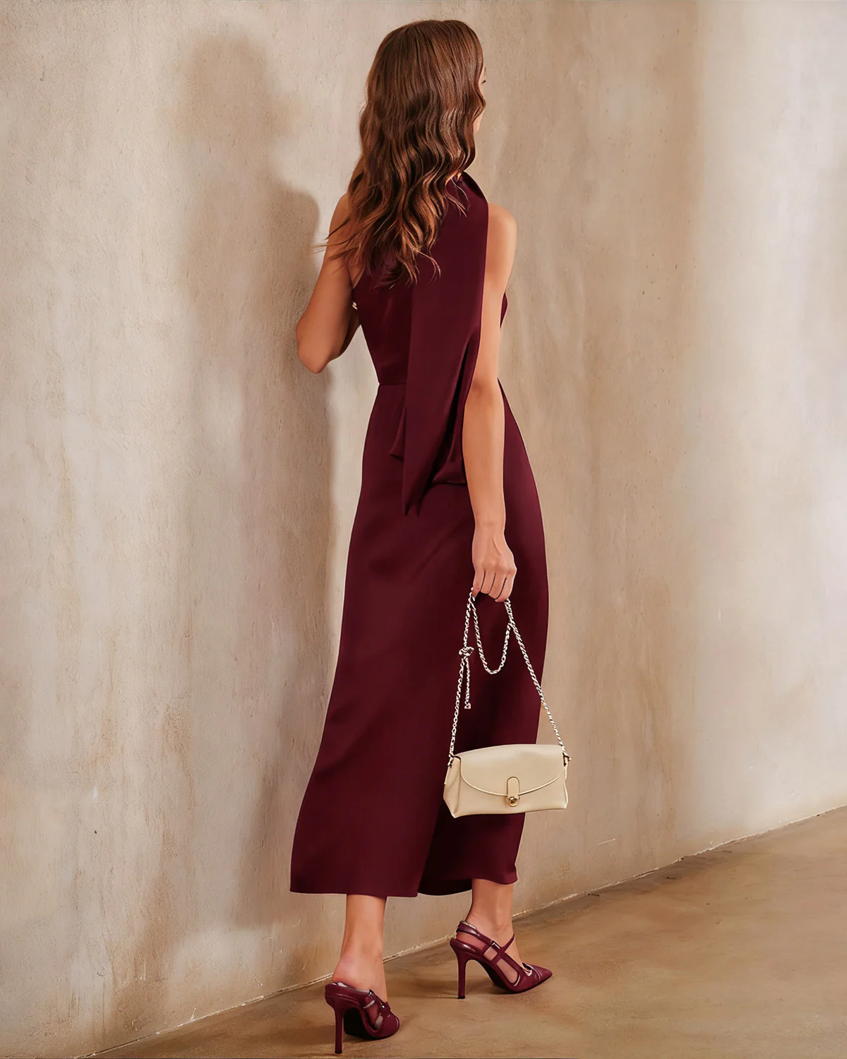 Wine Red Satin One Shoulder Maxi Dress - Image 5
