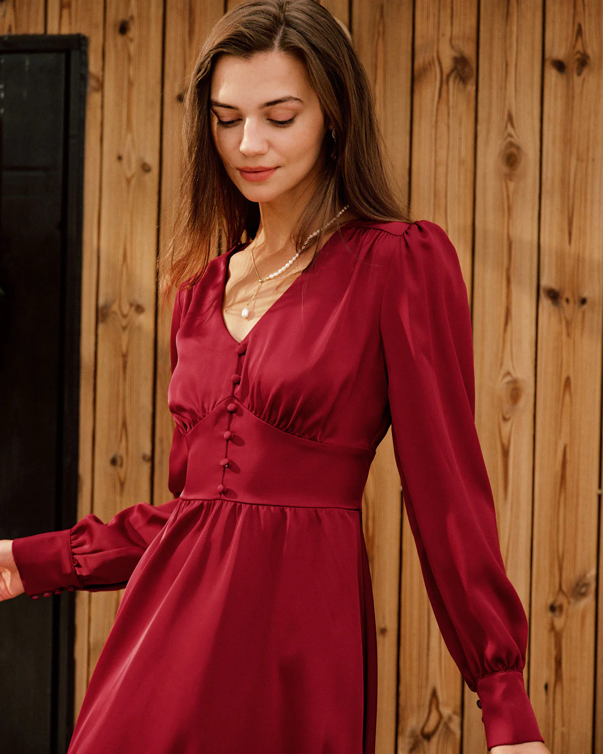 Wine Red Satin V Neck Midi Dress - Image 2