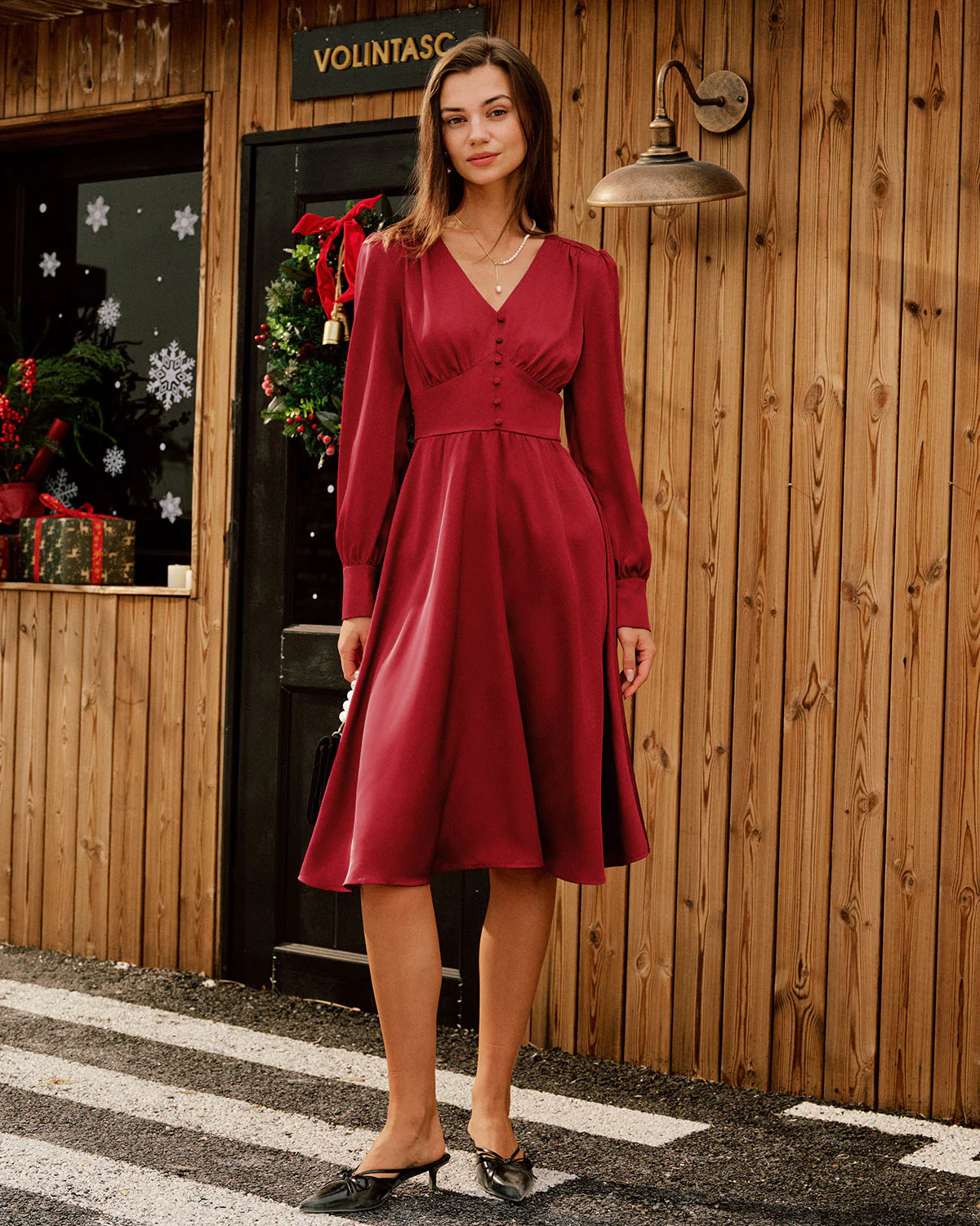 Wine Red Satin V Neck Midi Dress - Image 3