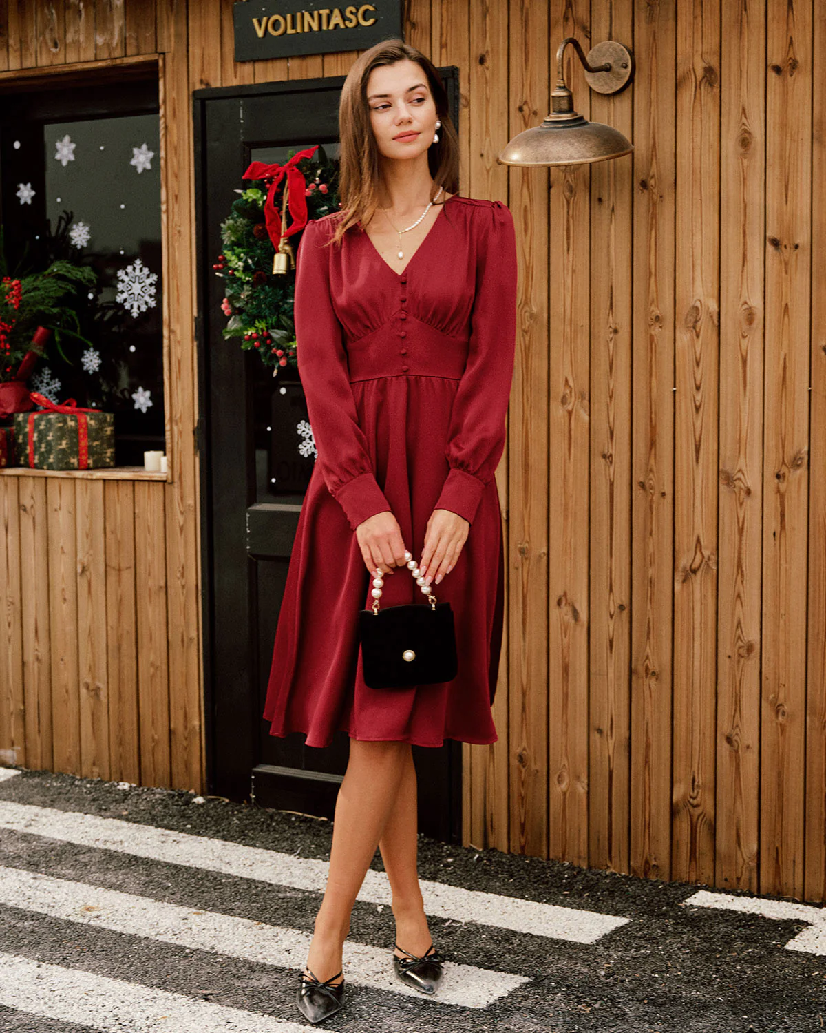 Wine Red Satin V Neck Midi Dress - Image 4