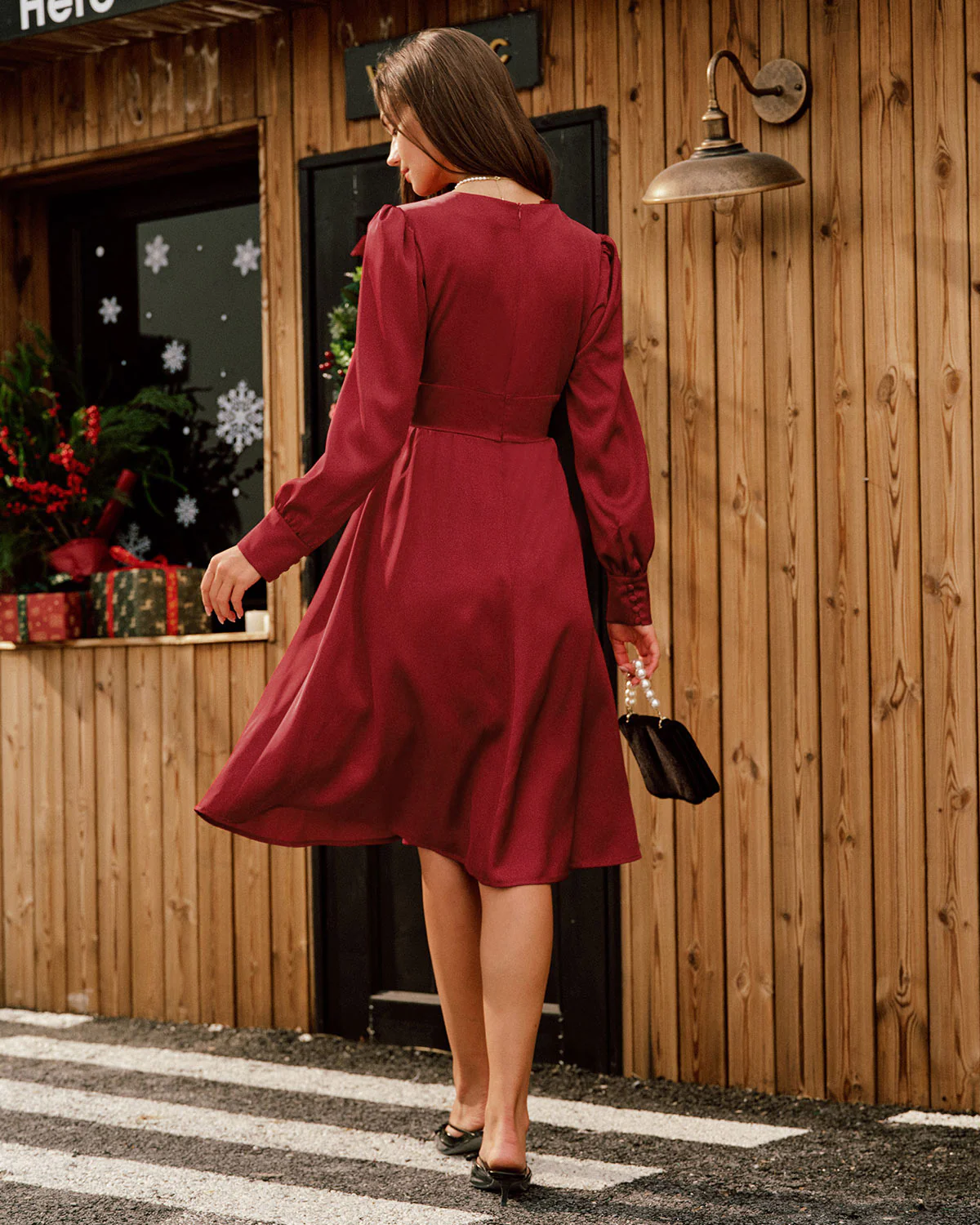 Wine Red Satin V Neck Midi Dress - Image 5