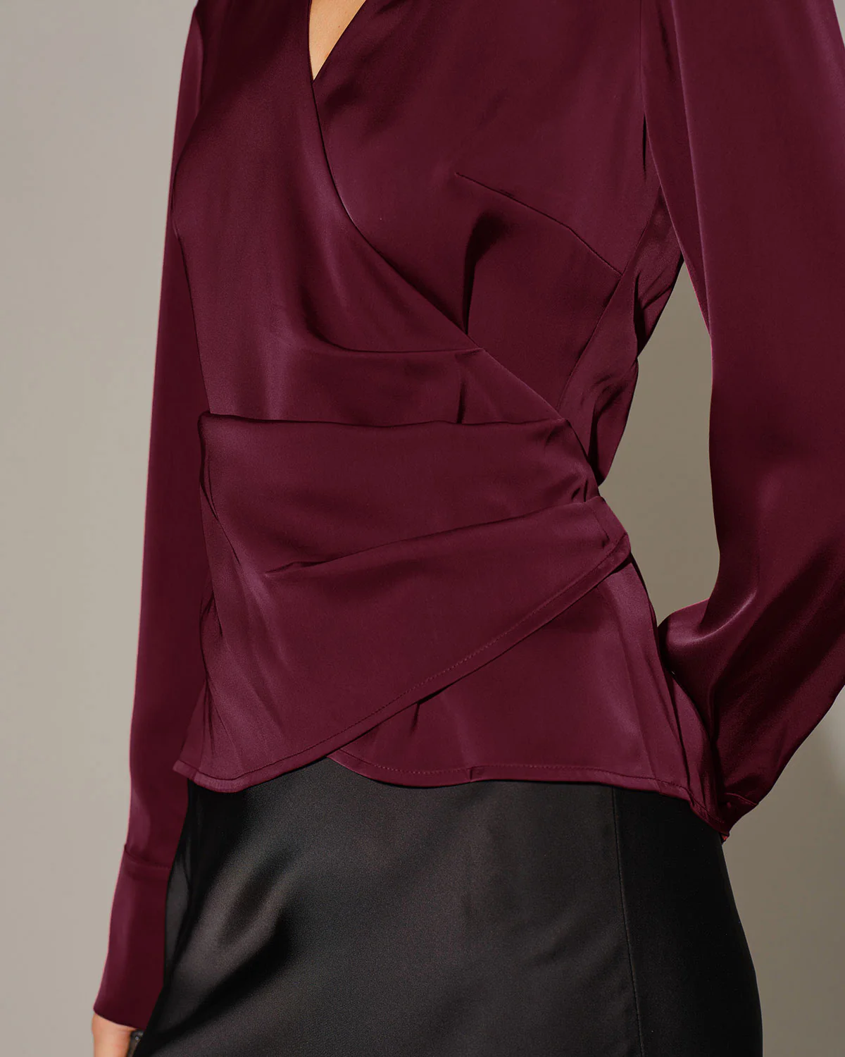 Wine Red Satin V Neck Tie Shirt - Image 2