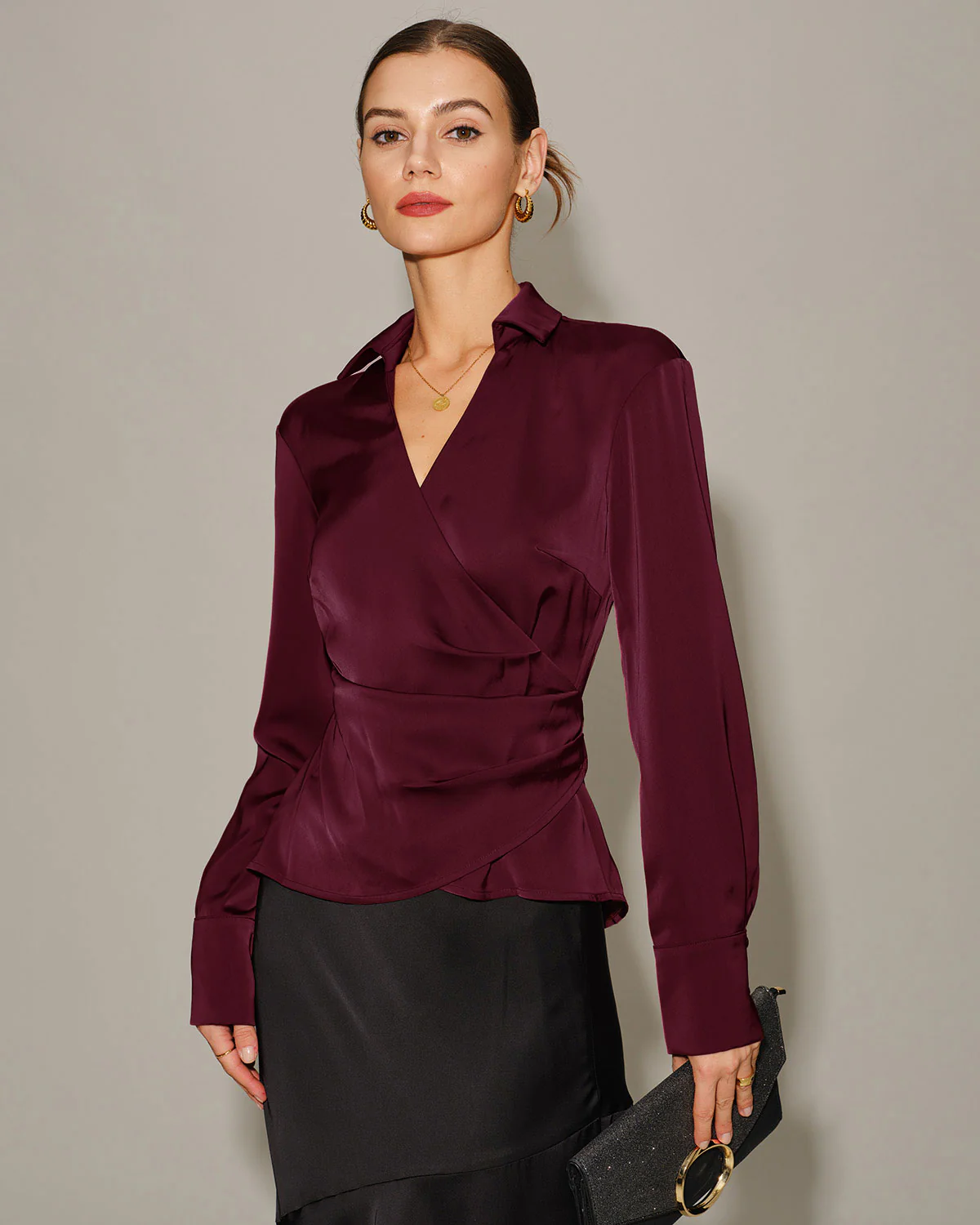 Wine Red Satin V Neck Tie Shirt - Image 3