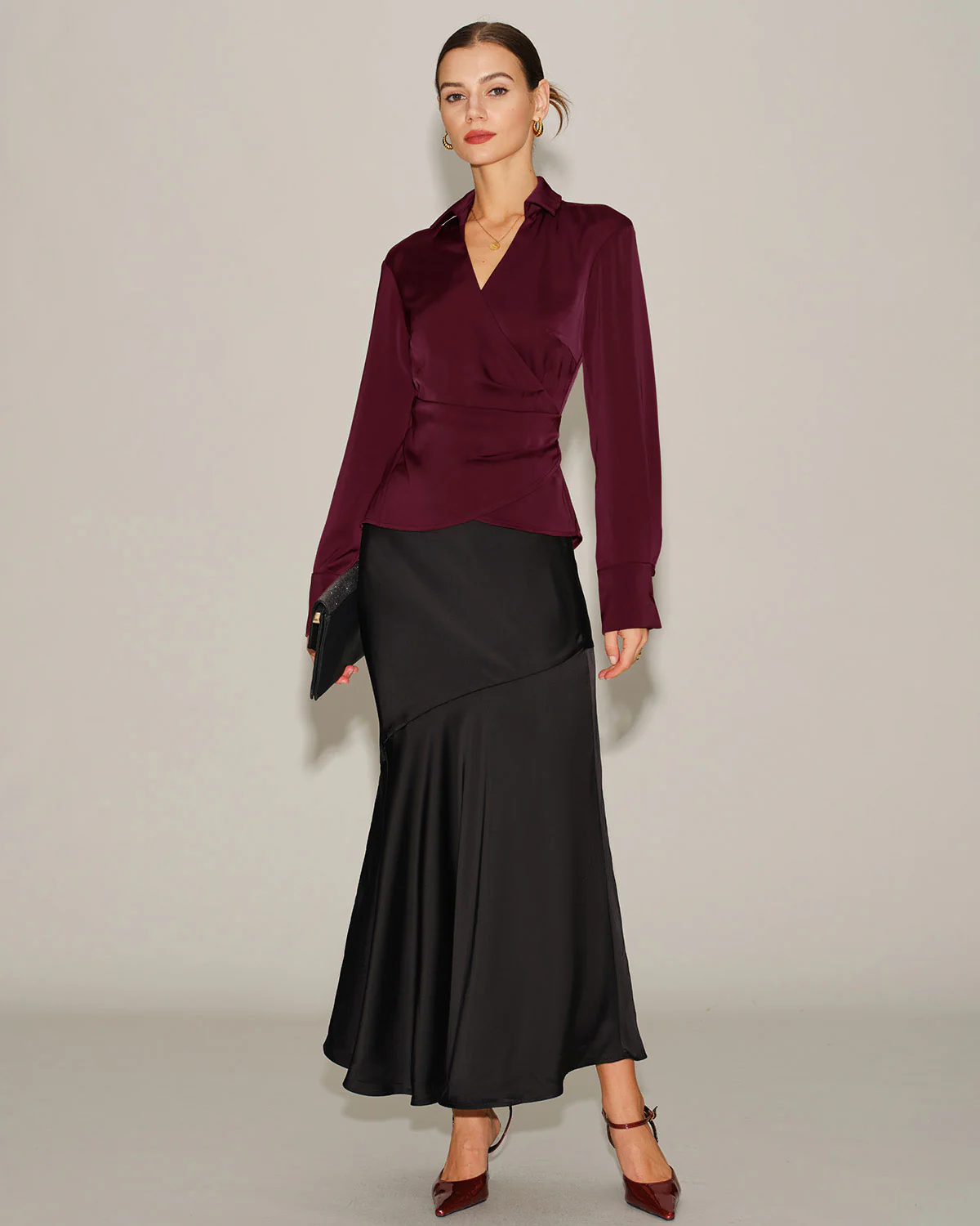 Wine Red Satin V Neck Tie Shirt - Image 4