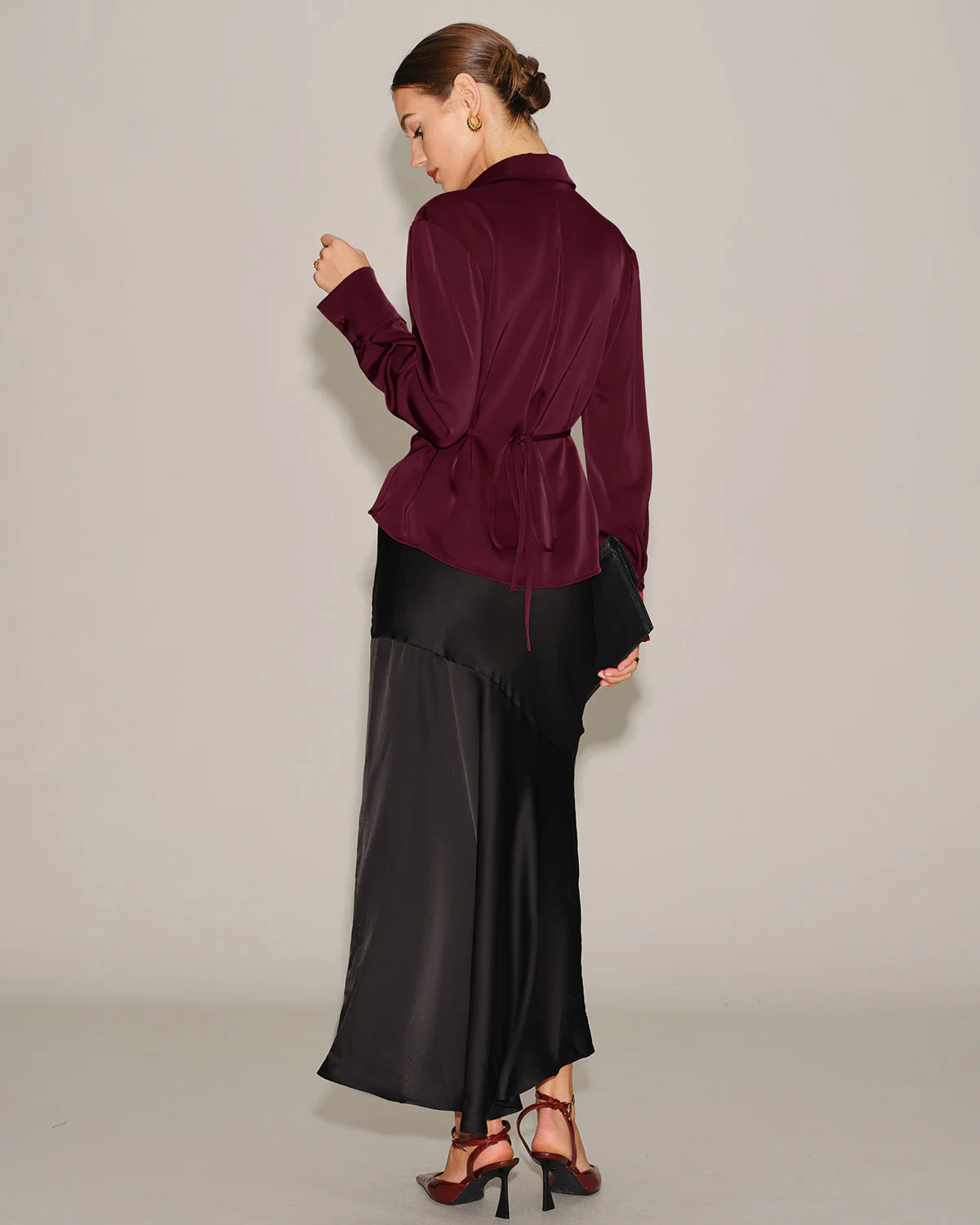 Wine Red Satin V Neck Tie Shirt - Image 5