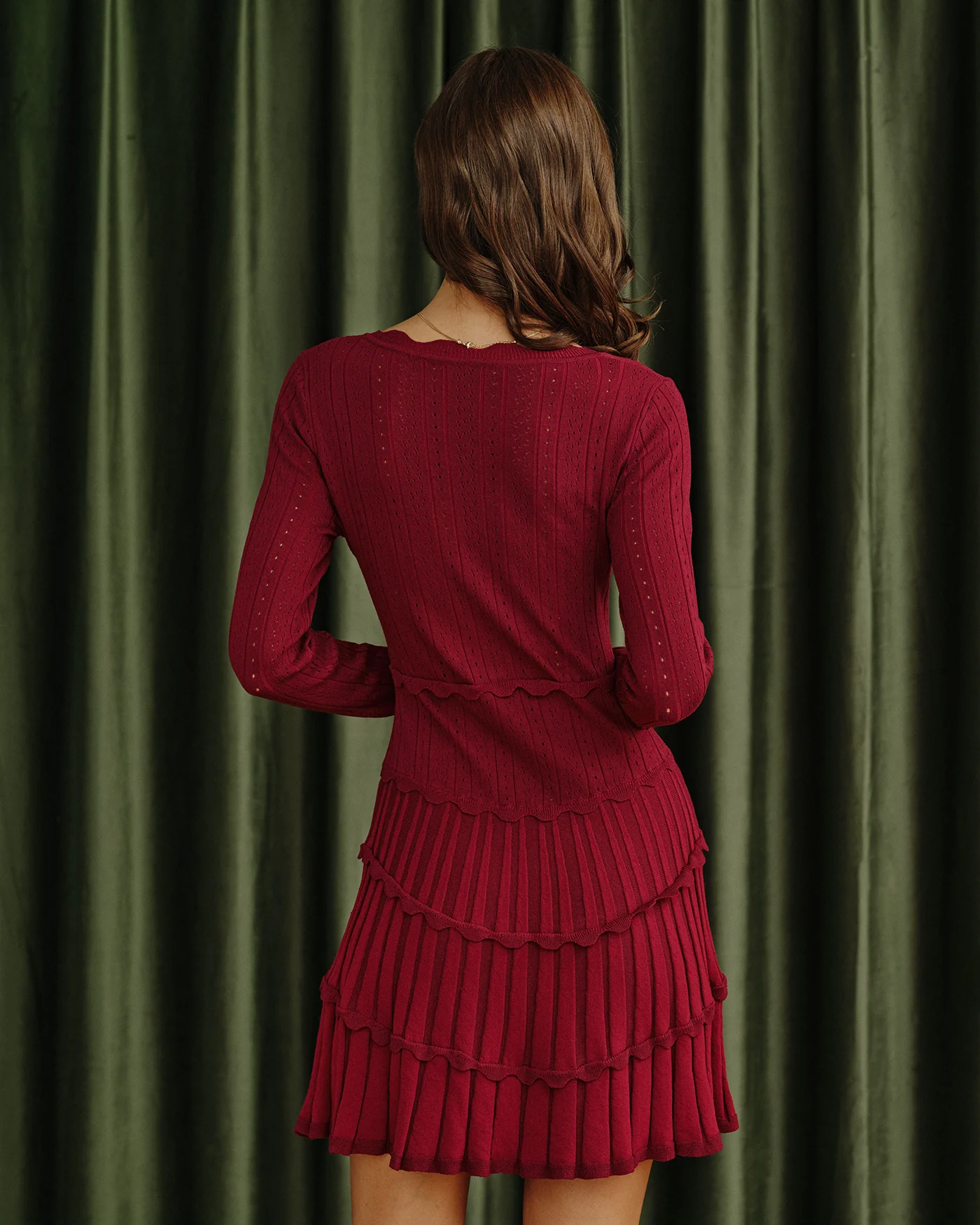 Wine Red Scalloped Viscose Sweater Dress - Image 3