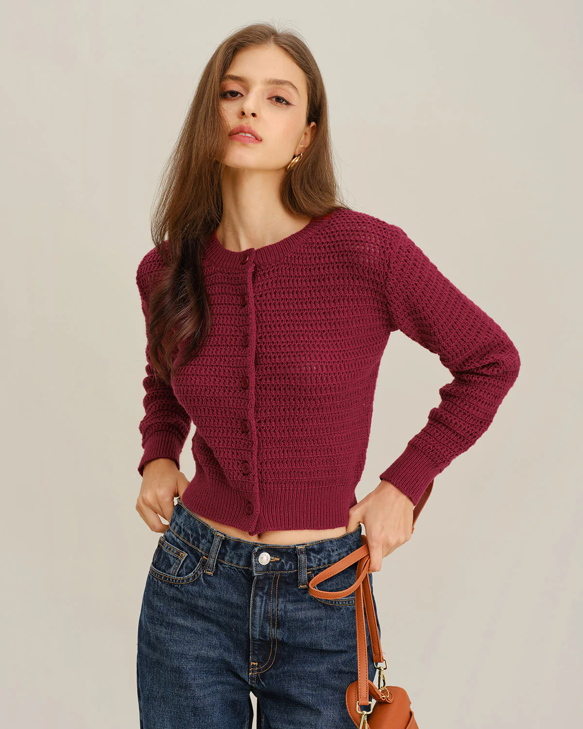 Wine Red Single Breasted Round Neck Knit Cardigan - Image 3