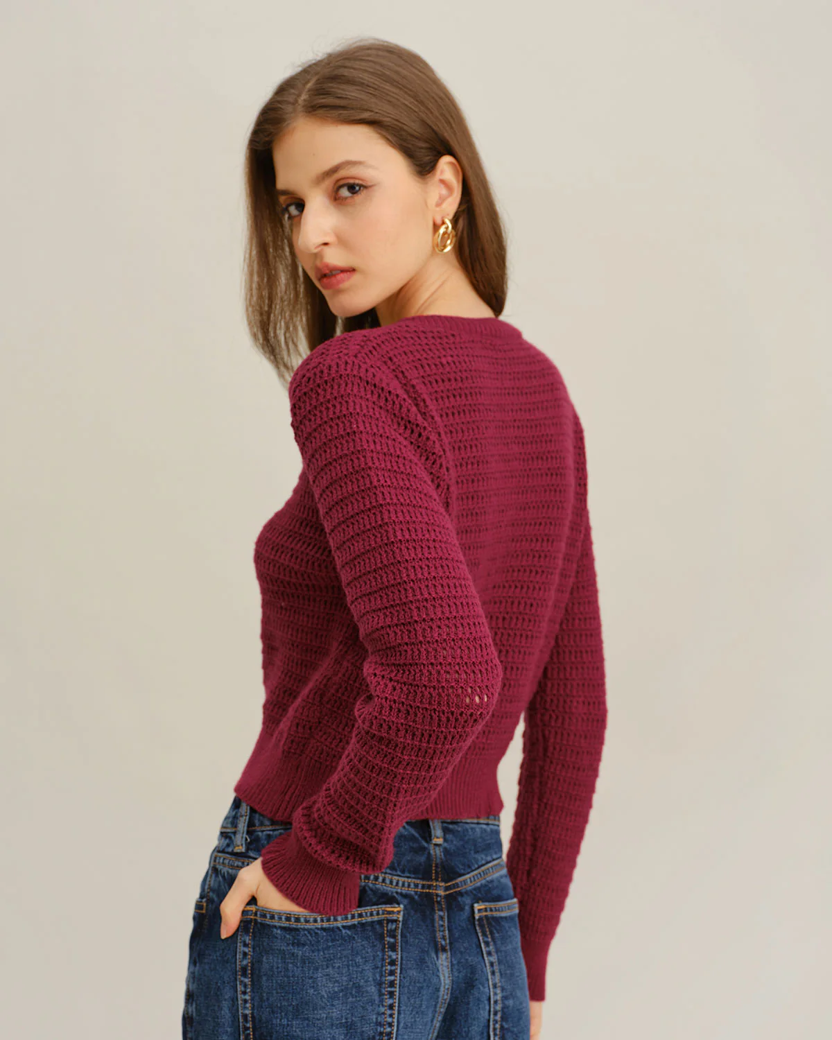 Wine Red Single Breasted Round Neck Knit Cardigan - Image 4