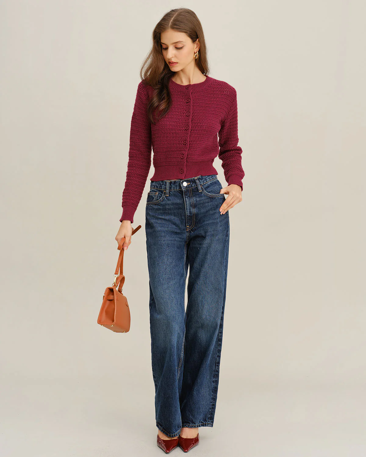 Wine Red Single Breasted Round Neck Knit Cardigan - Image 5