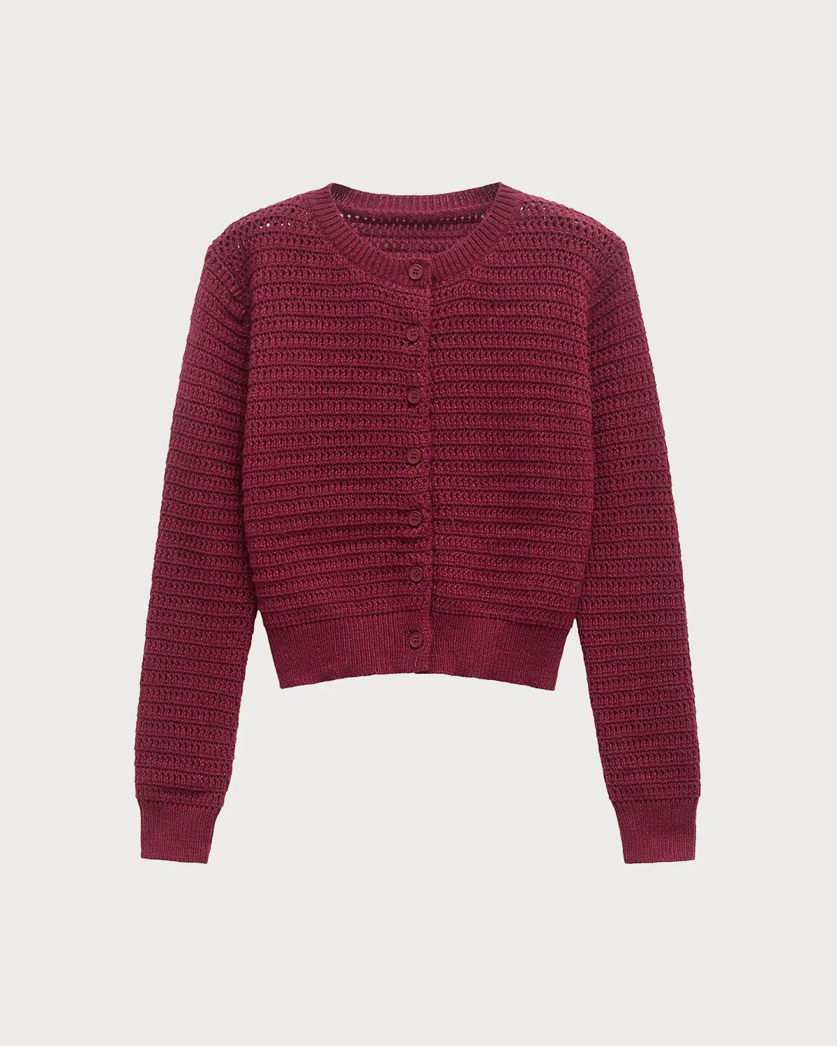 Wine Red Single Breasted Round Neck Knit Cardigan - Image 6